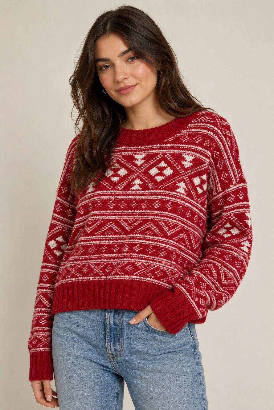 American Eagle Fair Isle Sweater | Red & Ivory Nordic Knit | XS
